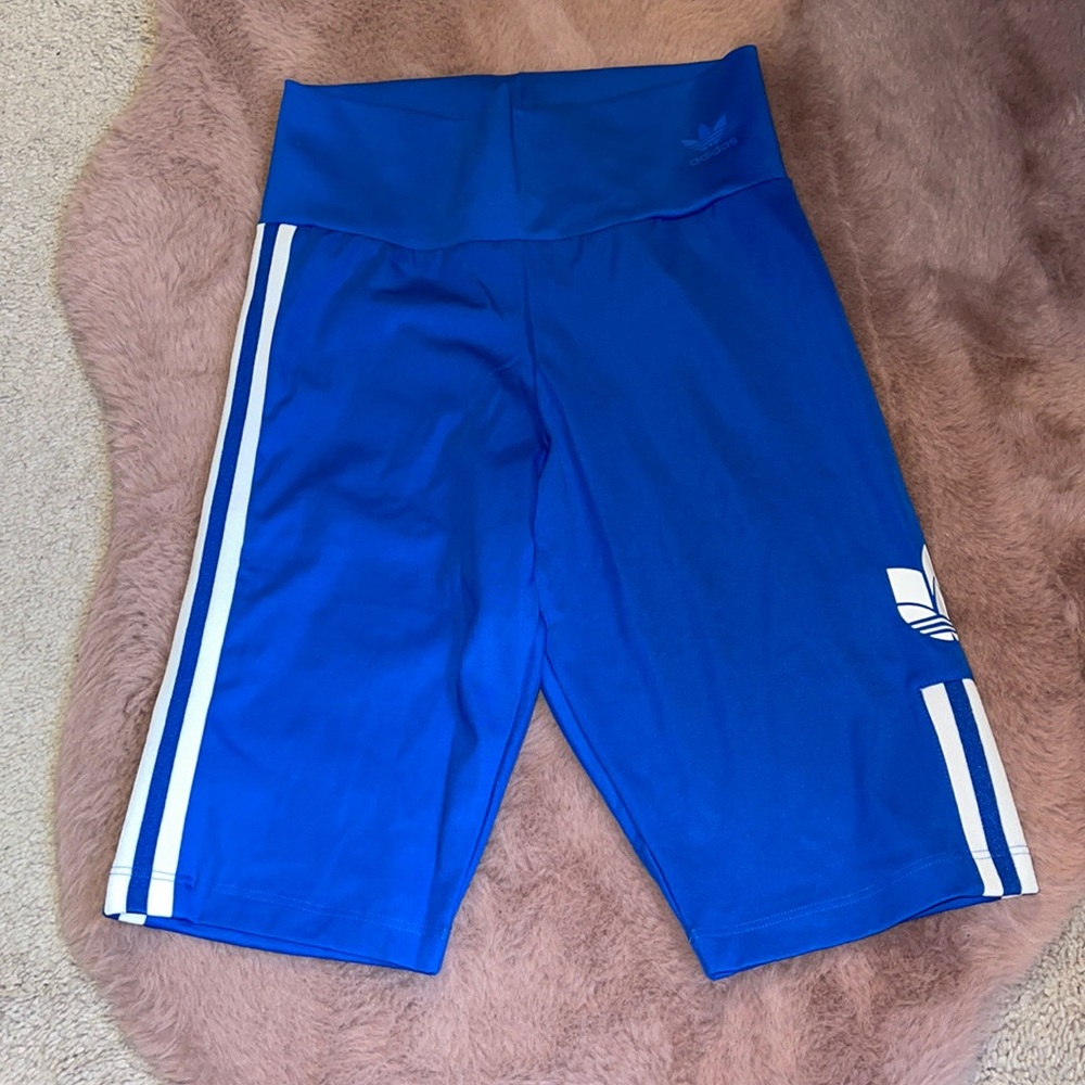 Blue and white Adidas biker shorts